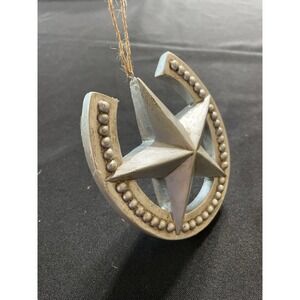 Texas Star Horseshoe Ornament 4" Western Rustic Cast Silver Color Christmas